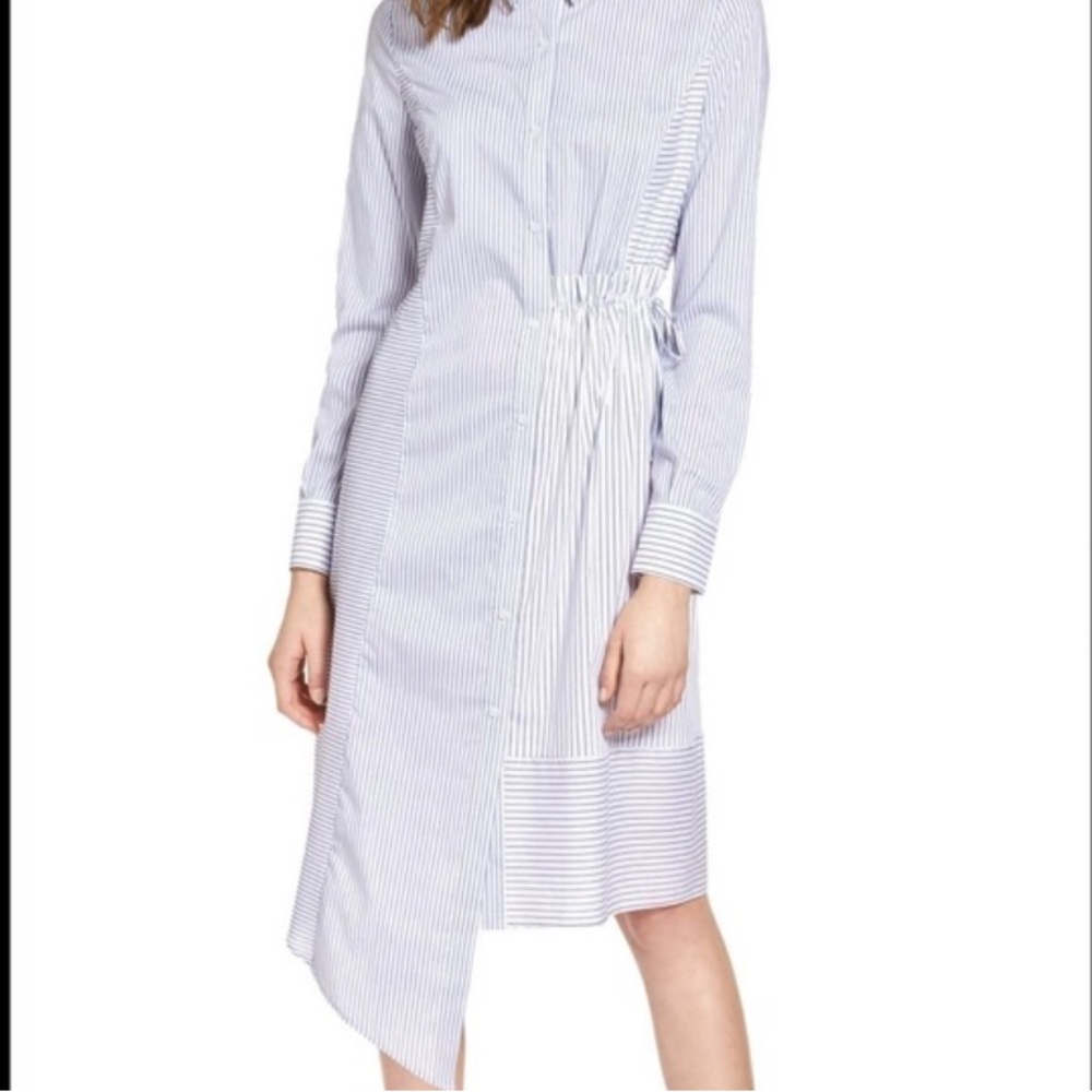 Halogen blue white striped asymmetric button front crisp shirt dress Sz XS